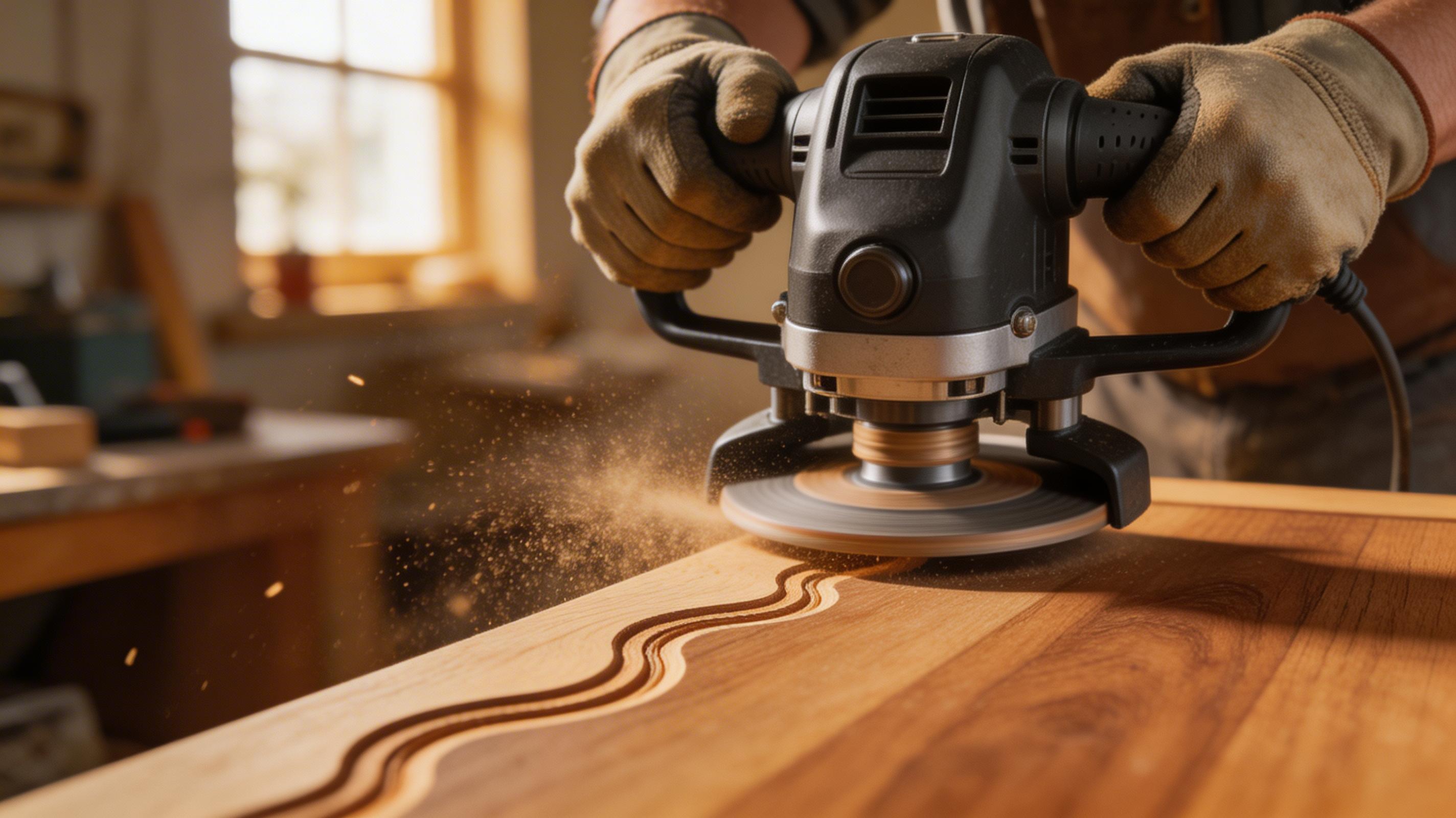 Hands guiding router along timber board creating decorative edge profile