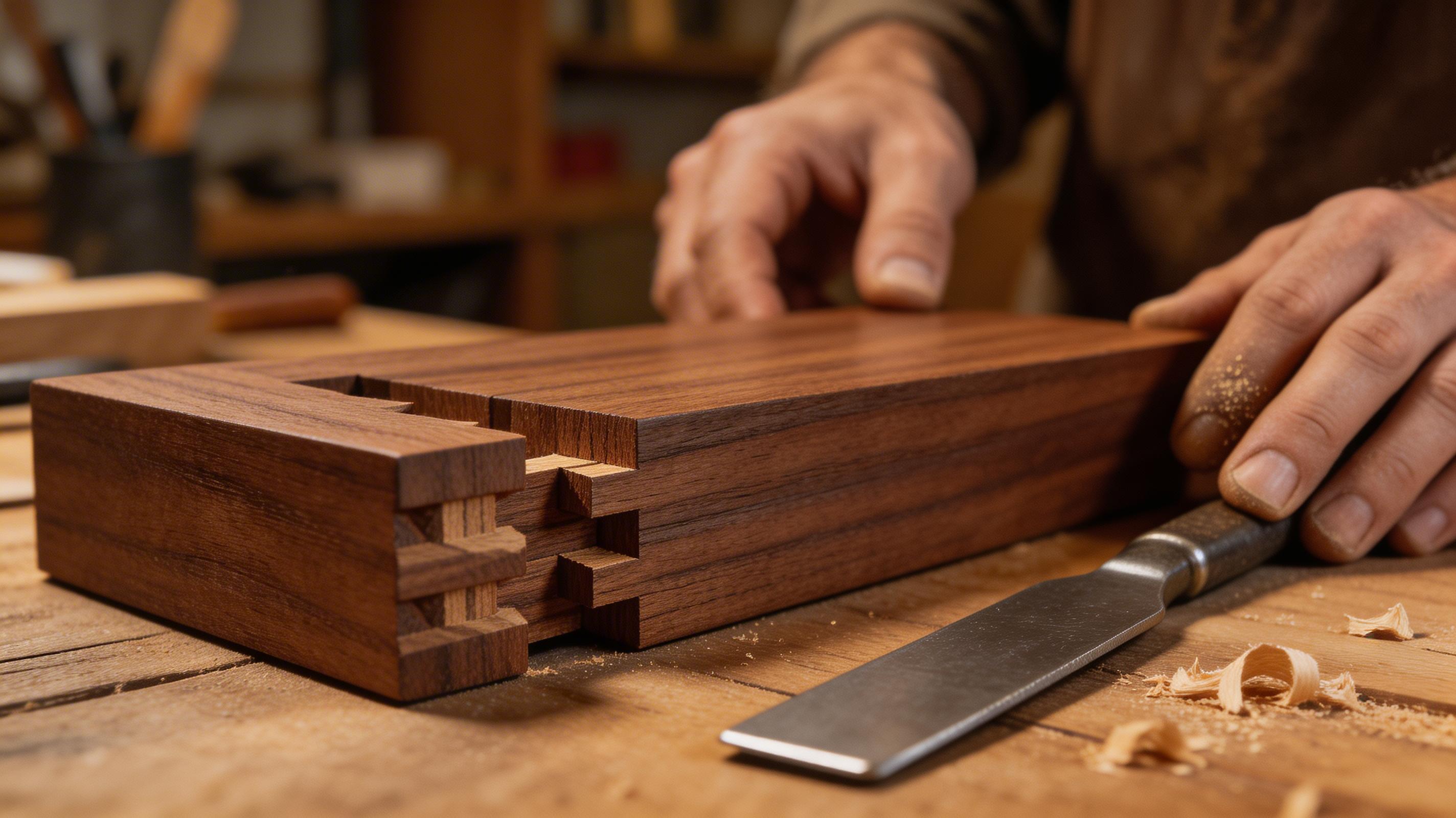 Close-up of hand-cut dovetail joint in dark walnut timber on workbench